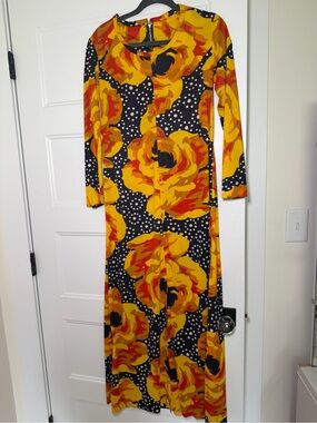 Vintage Yellow and Black Floral Long Sleeve Maxi Dress
